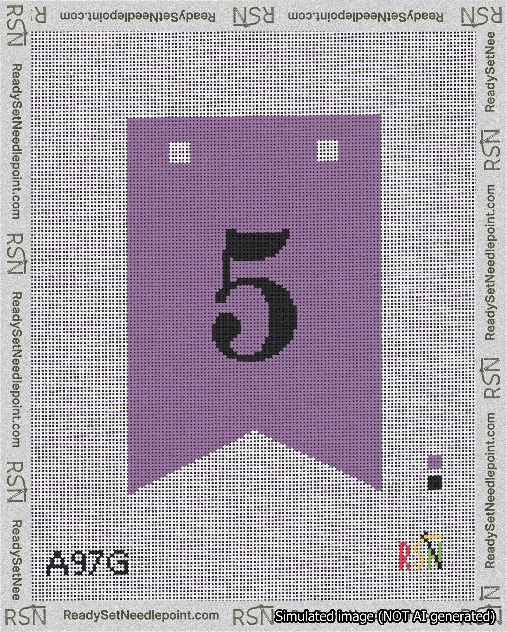 A taped needlepoint canvas with the design: Banner 18 mesh count Forked 5 Black on Purple.
