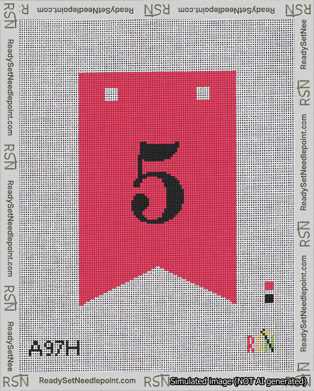 A taped needlepoint canvas with the design: Banner 18 mesh count Forked 5 Black on Red.