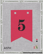 A taped needlepoint canvas with the design: Banner 18 mesh count Forked 5 Black on Red.