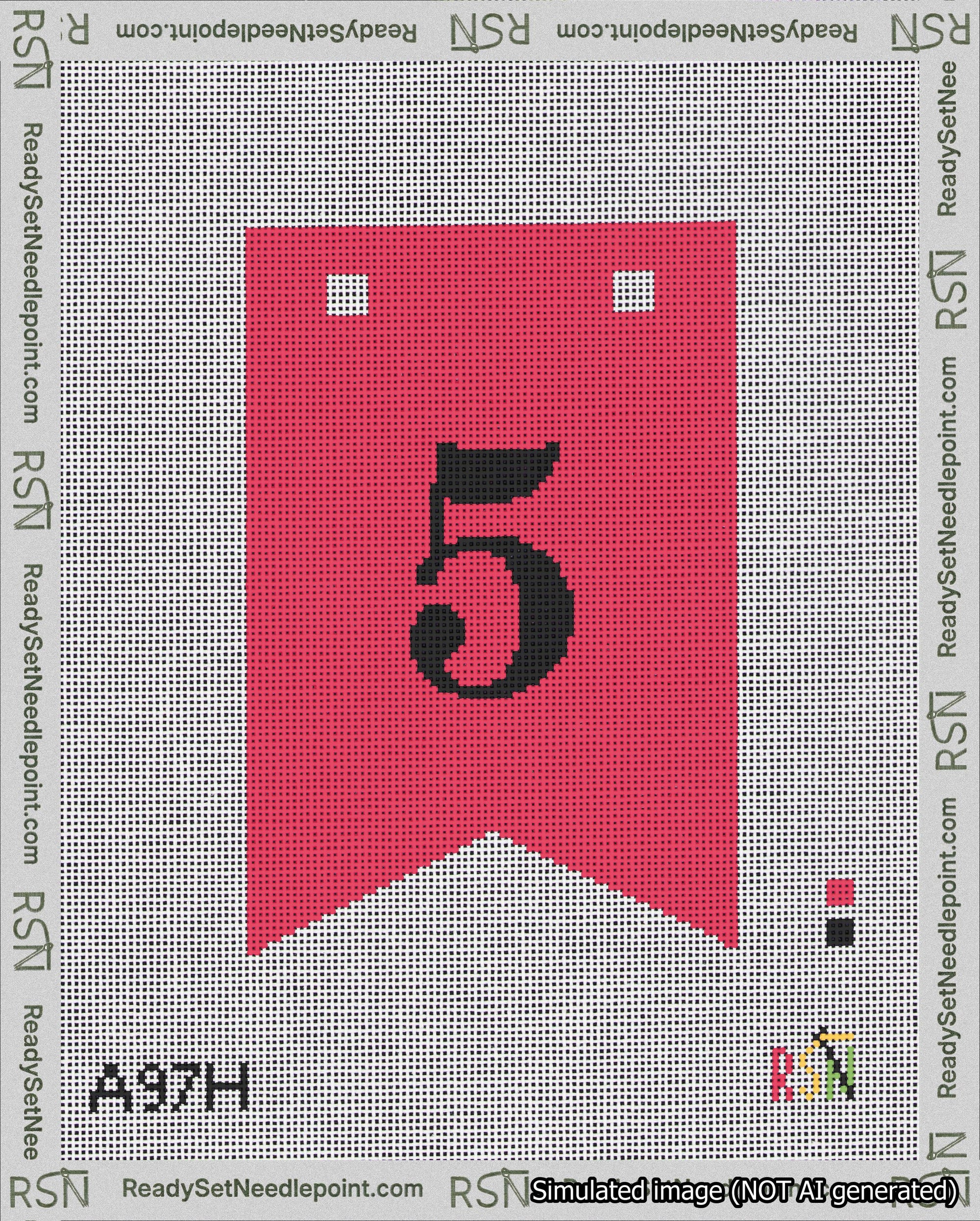 A taped needlepoint canvas with the design: Banner 18 mesh count Forked 5 Black on Red.