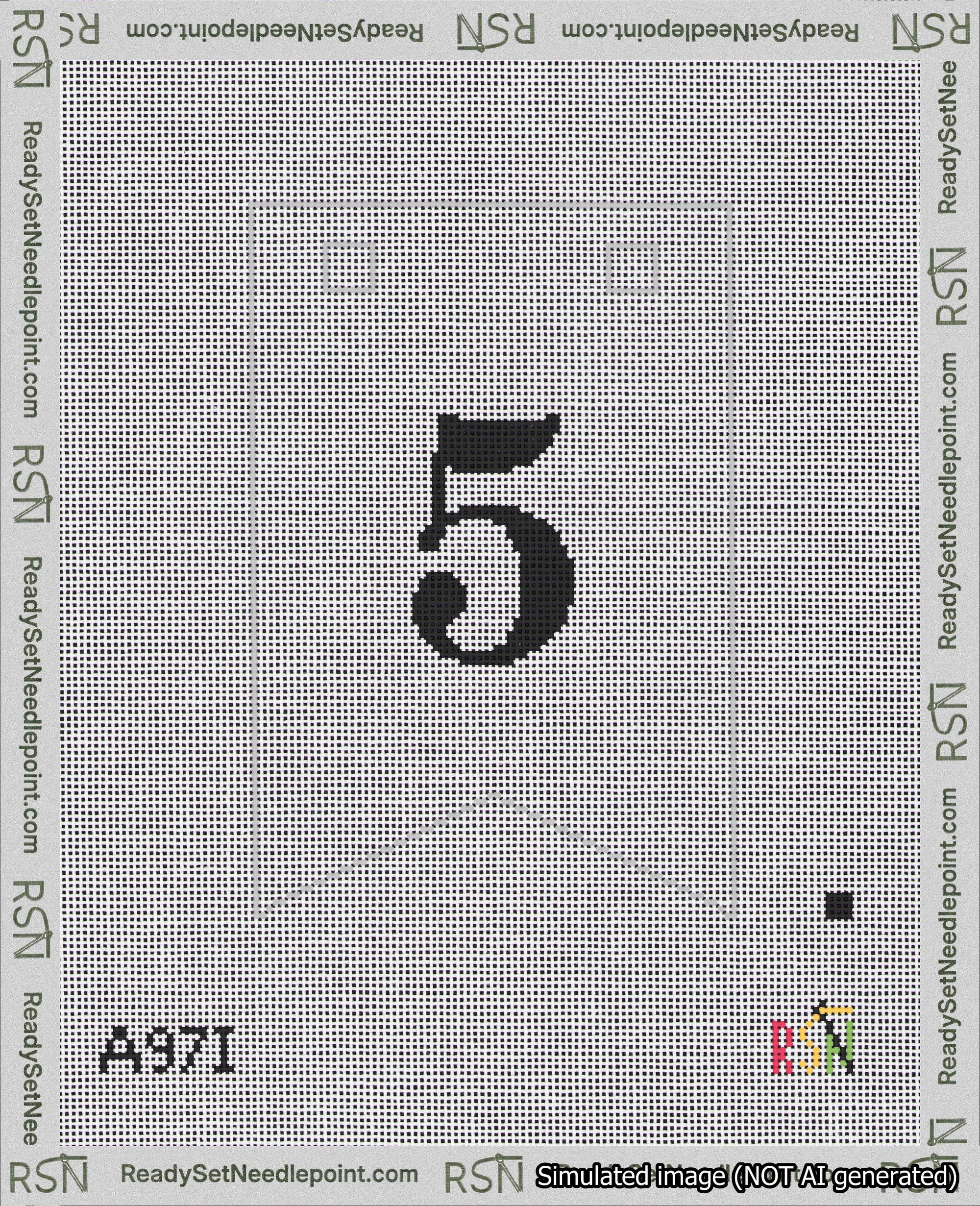 A taped needlepoint canvas with the design: Banner 18 mesh count Forked 5 Black on White.