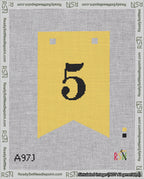 A taped needlepoint canvas with the design: Banner 18 mesh count Forked 5 Black on Yellow.