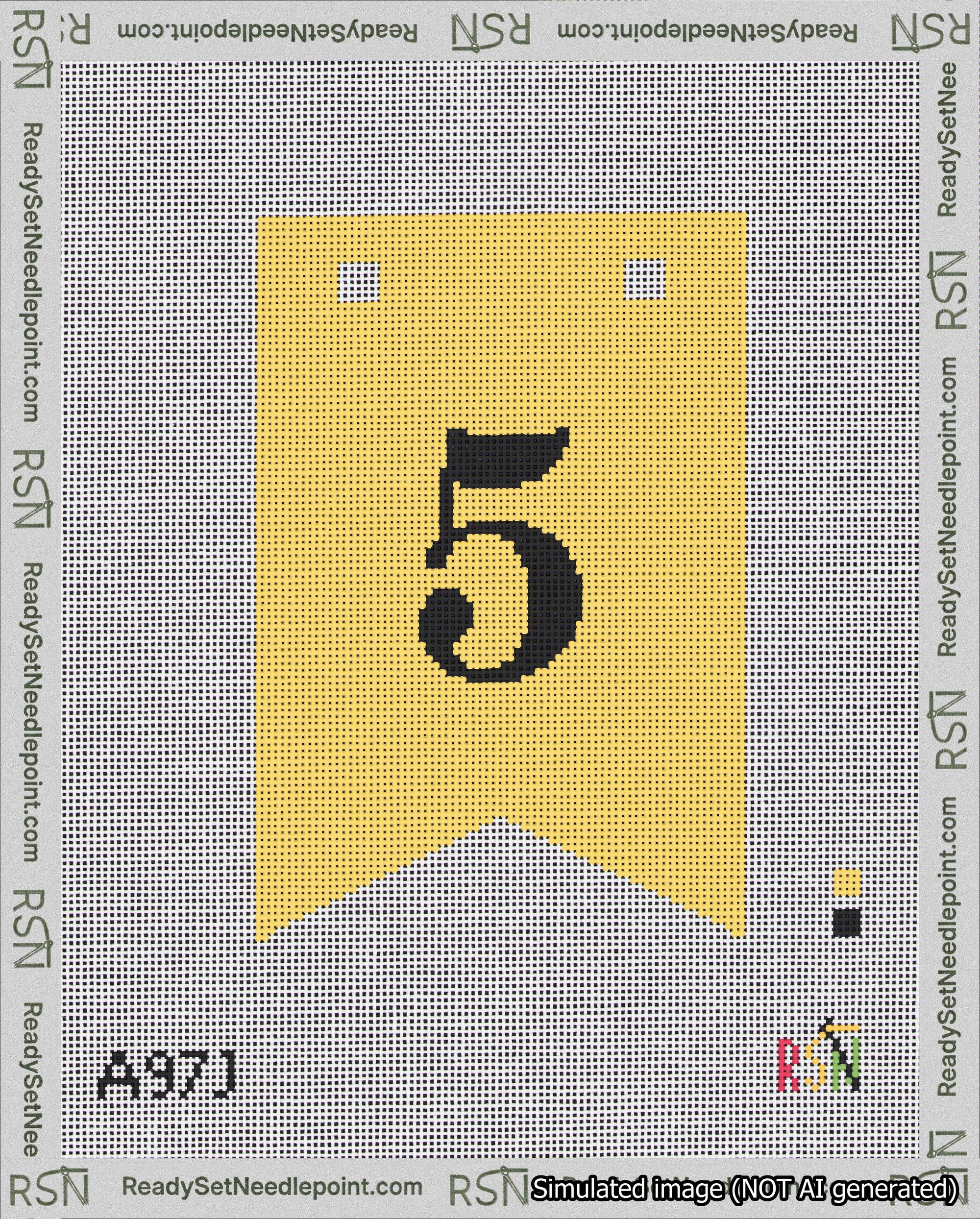 A taped needlepoint canvas with the design: Banner 18 mesh count Forked 5 Black on Yellow.