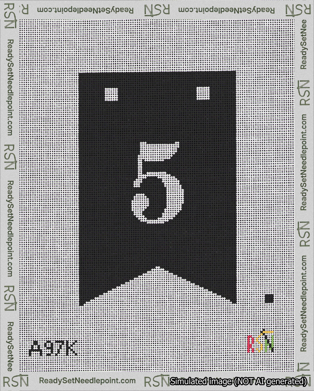 A taped needlepoint canvas with the design: Banner 18 mesh count Forked 5 White on Black.