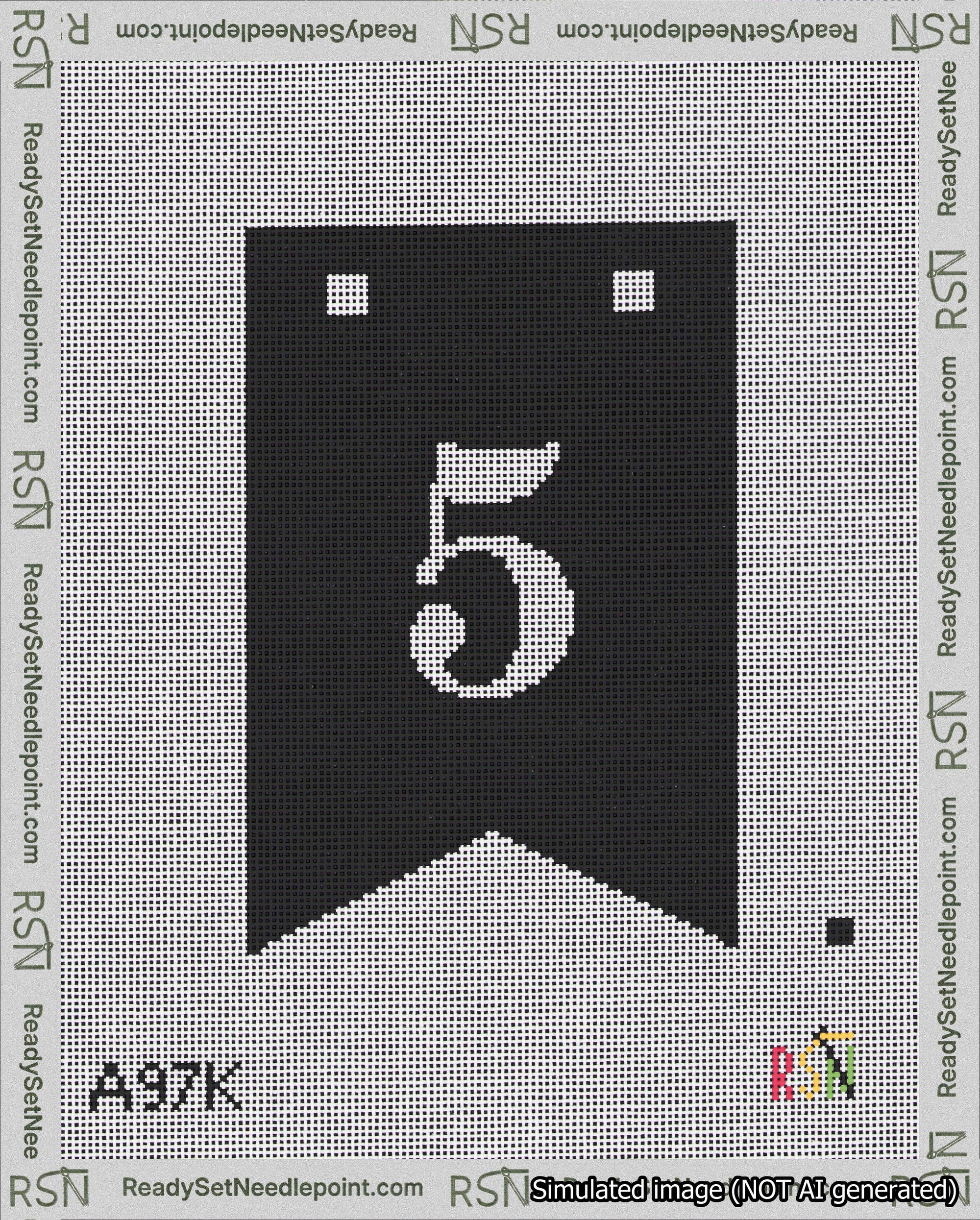 A taped needlepoint canvas with the design: Banner 18 mesh count Forked 5 White on Black.