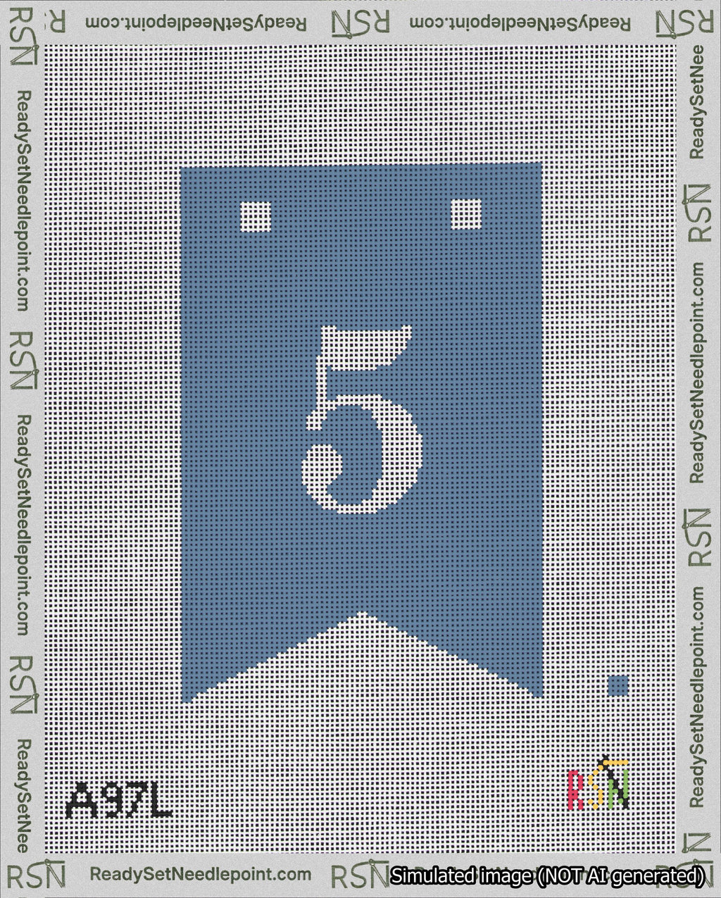 A taped needlepoint canvas with the design: Banner 18 mesh count Forked 5 White on Blue.