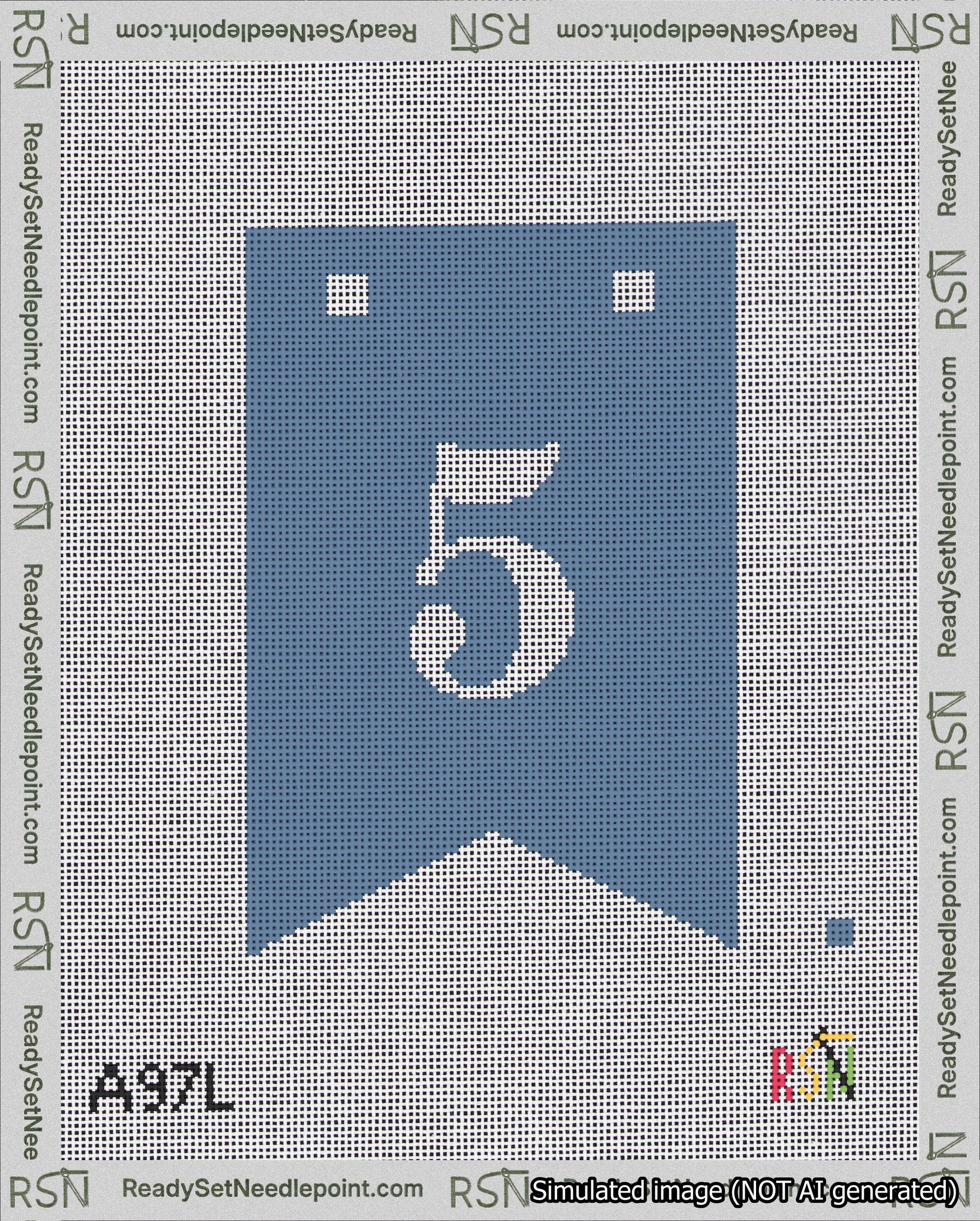 A taped needlepoint canvas with the design: Banner 18 mesh count Forked 5 White on Blue.