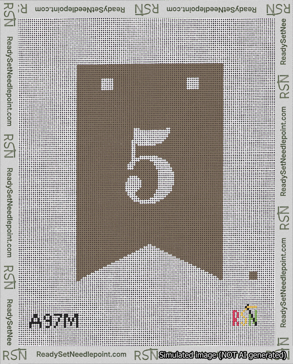 A taped needlepoint canvas with the design: Banner 18 mesh count Forked 5 White on Brown.