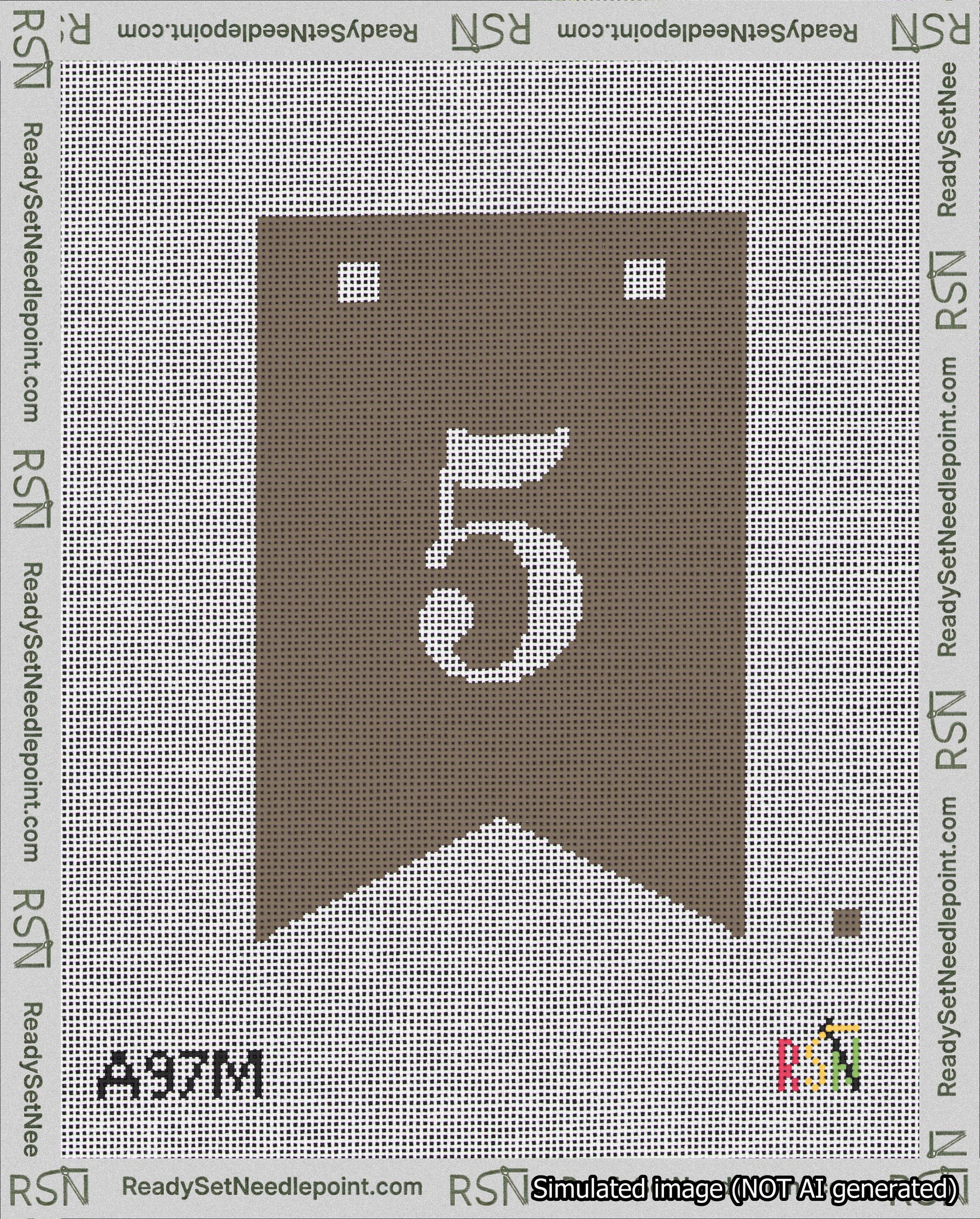 A taped needlepoint canvas with the design: Banner 18 mesh count Forked 5 White on Brown.