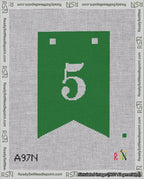 A taped needlepoint canvas with the design: Banner 18 mesh count Forked 5 White on Green.