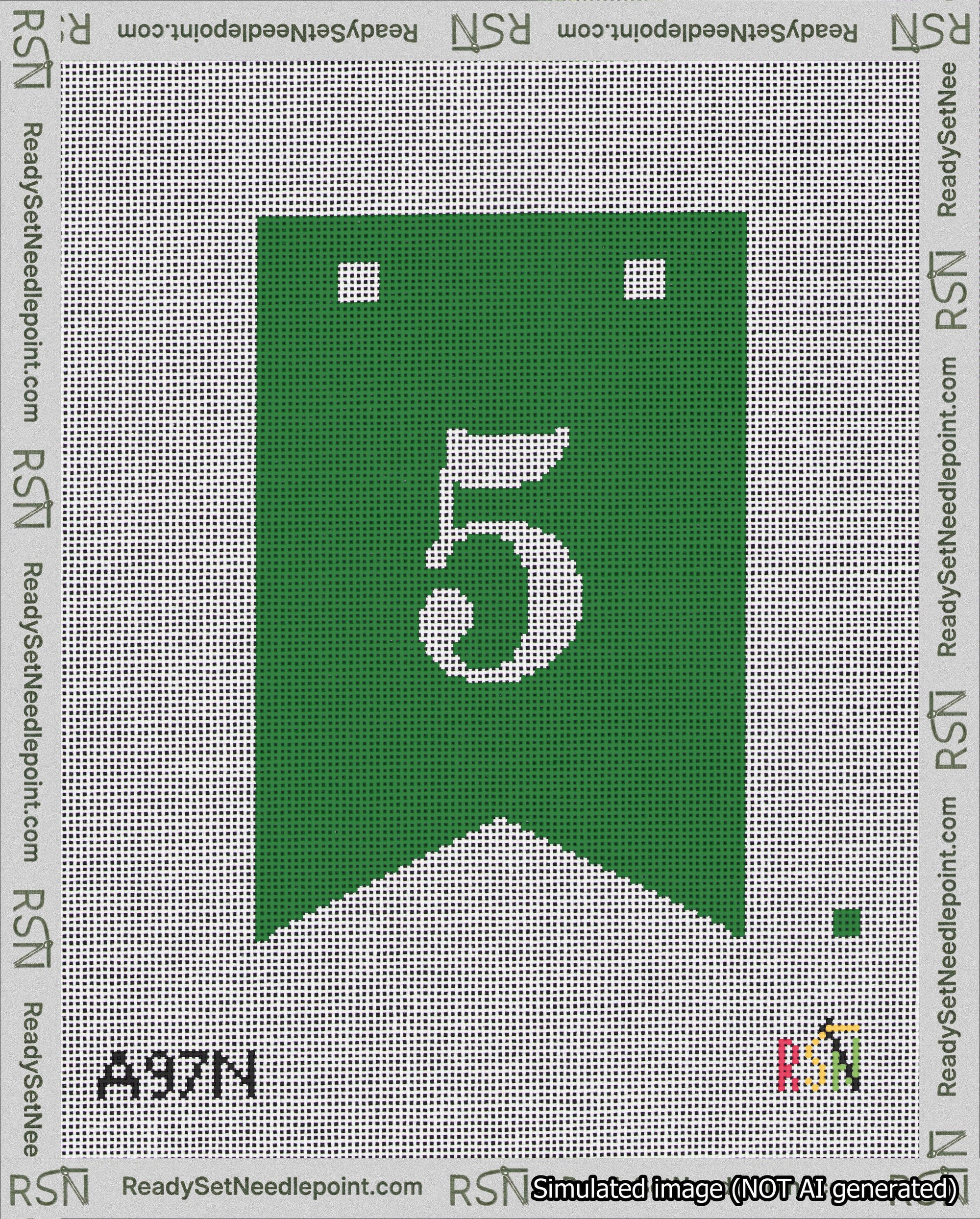 A taped needlepoint canvas with the design: Banner 18 mesh count Forked 5 White on Green.