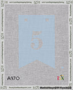 A taped needlepoint canvas with the design: Banner 18 mesh count Forked 5 White on Light Blue.