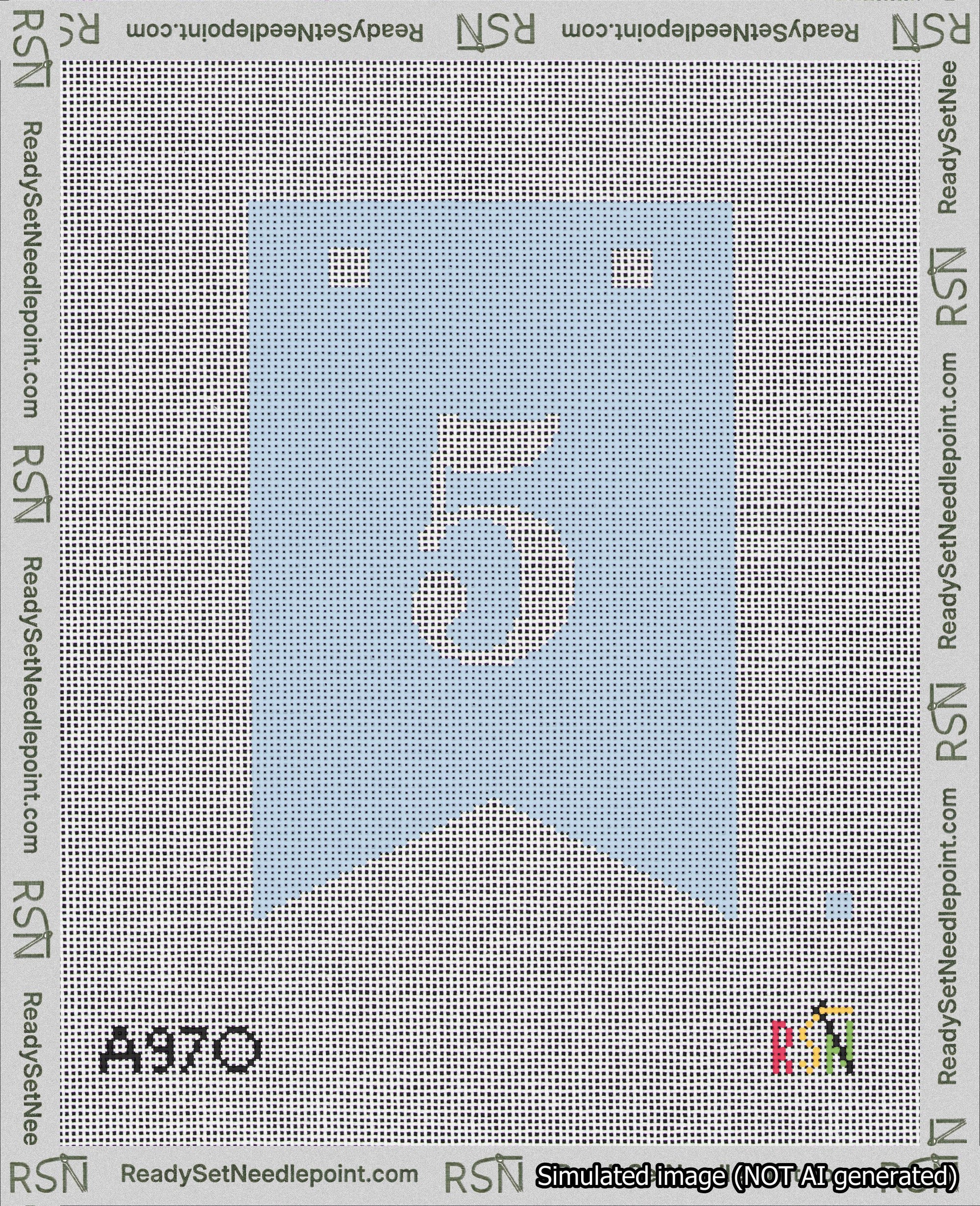 A taped needlepoint canvas with the design: Banner 18 mesh count Forked 5 White on Light Blue.