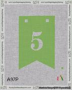 A taped needlepoint canvas with the design: Banner 18 mesh count Forked 5 White on Light Green.