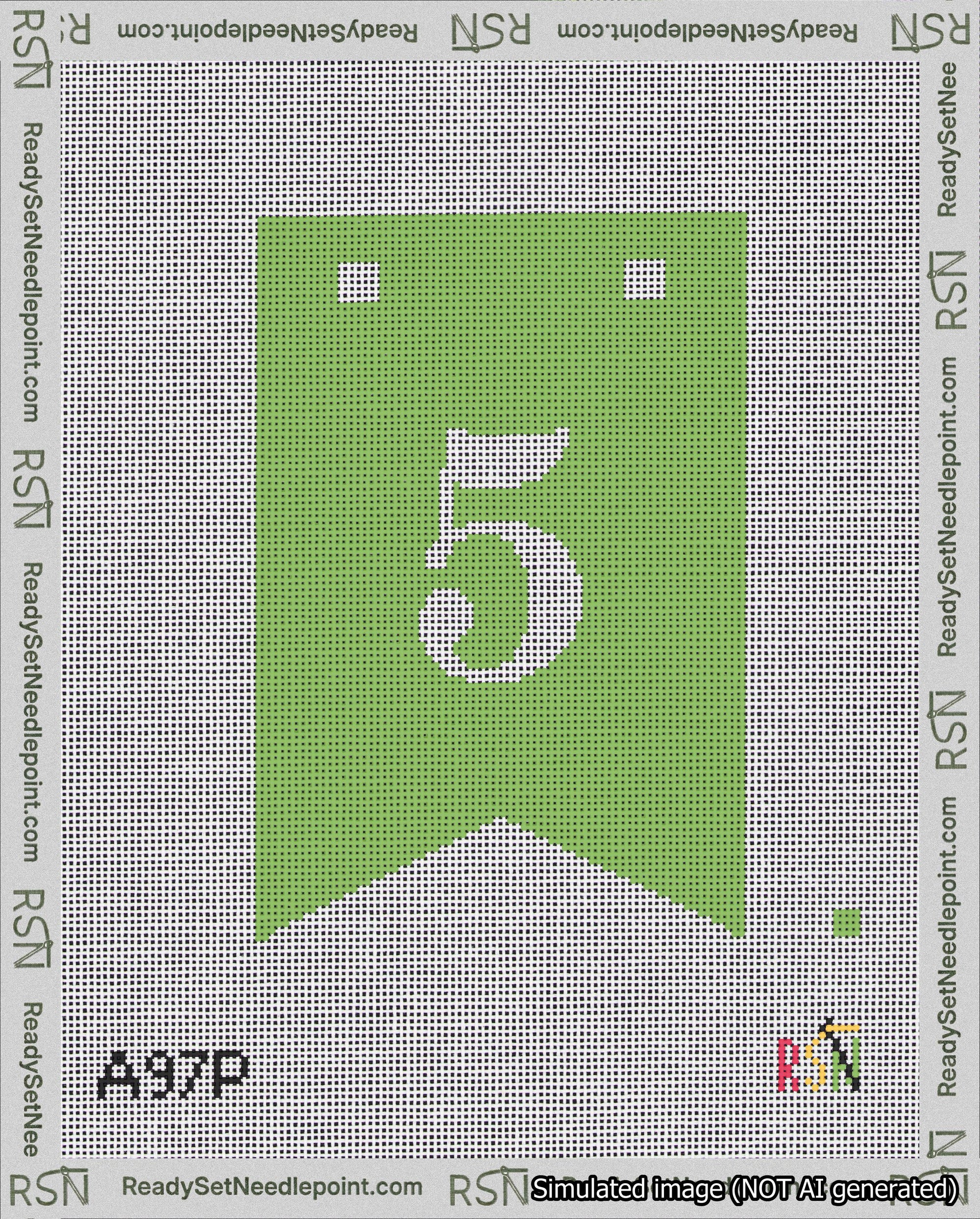 A taped needlepoint canvas with the design: Banner 18 mesh count Forked 5 White on Light Green.