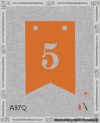 A taped needlepoint canvas with the design: Banner 18 mesh count Forked 5 White on Orange.