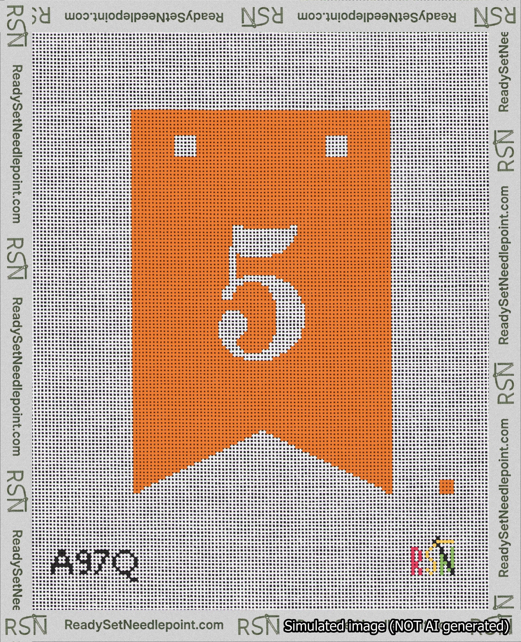 A taped needlepoint canvas with the design: Banner 18 mesh count Forked 5 White on Orange.