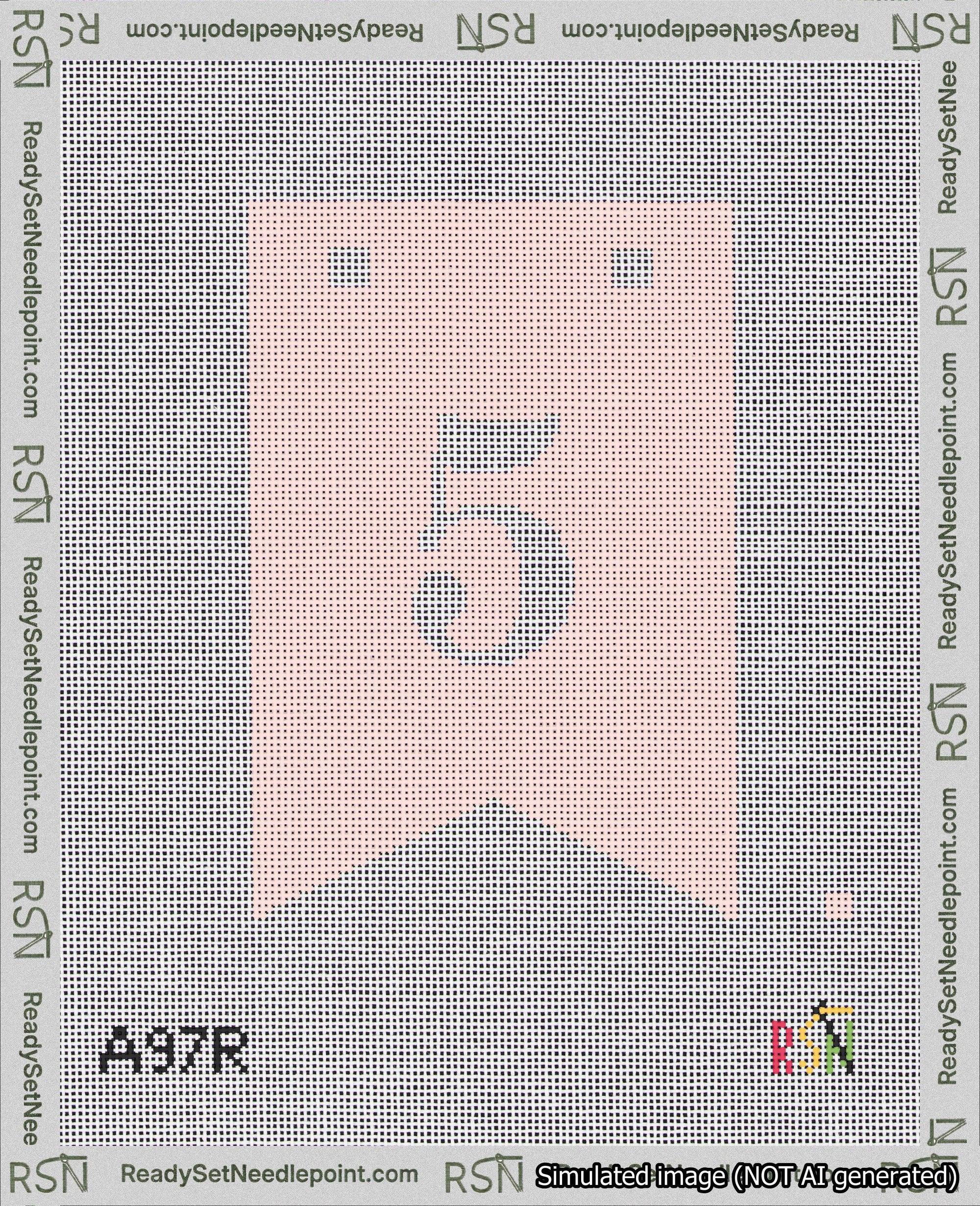 A taped needlepoint canvas with the design: Banner 18 mesh count Forked 5 White on Pink.