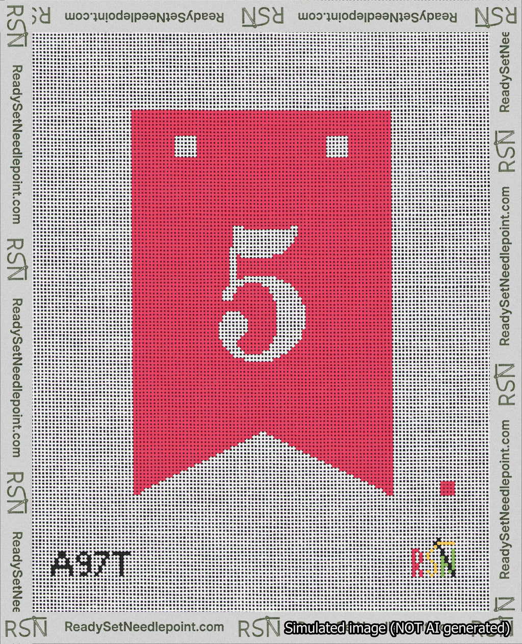 A taped needlepoint canvas with the design: Banner 18 mesh count Forked 5 White on Red.