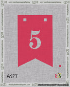 A taped needlepoint canvas with the design: Banner 18 mesh count Forked 5 White on Red.