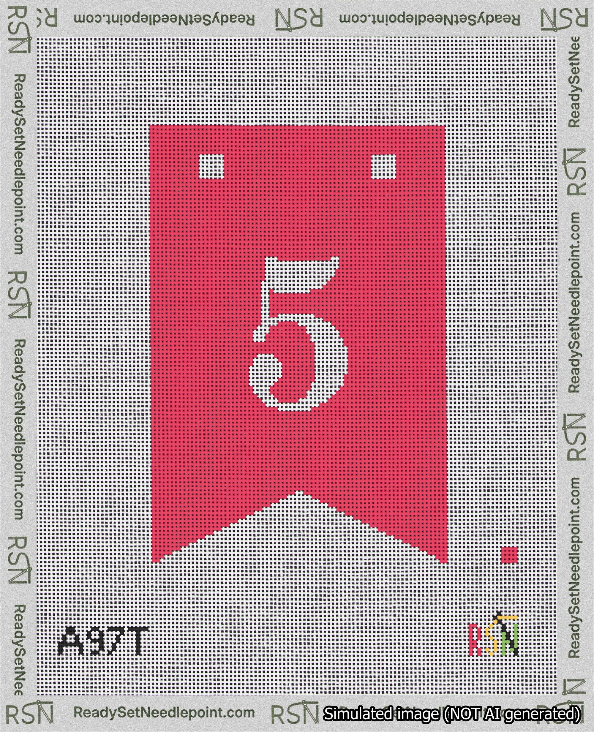 A taped needlepoint canvas with the design: Banner 18 mesh count Forked 5 White on Red.