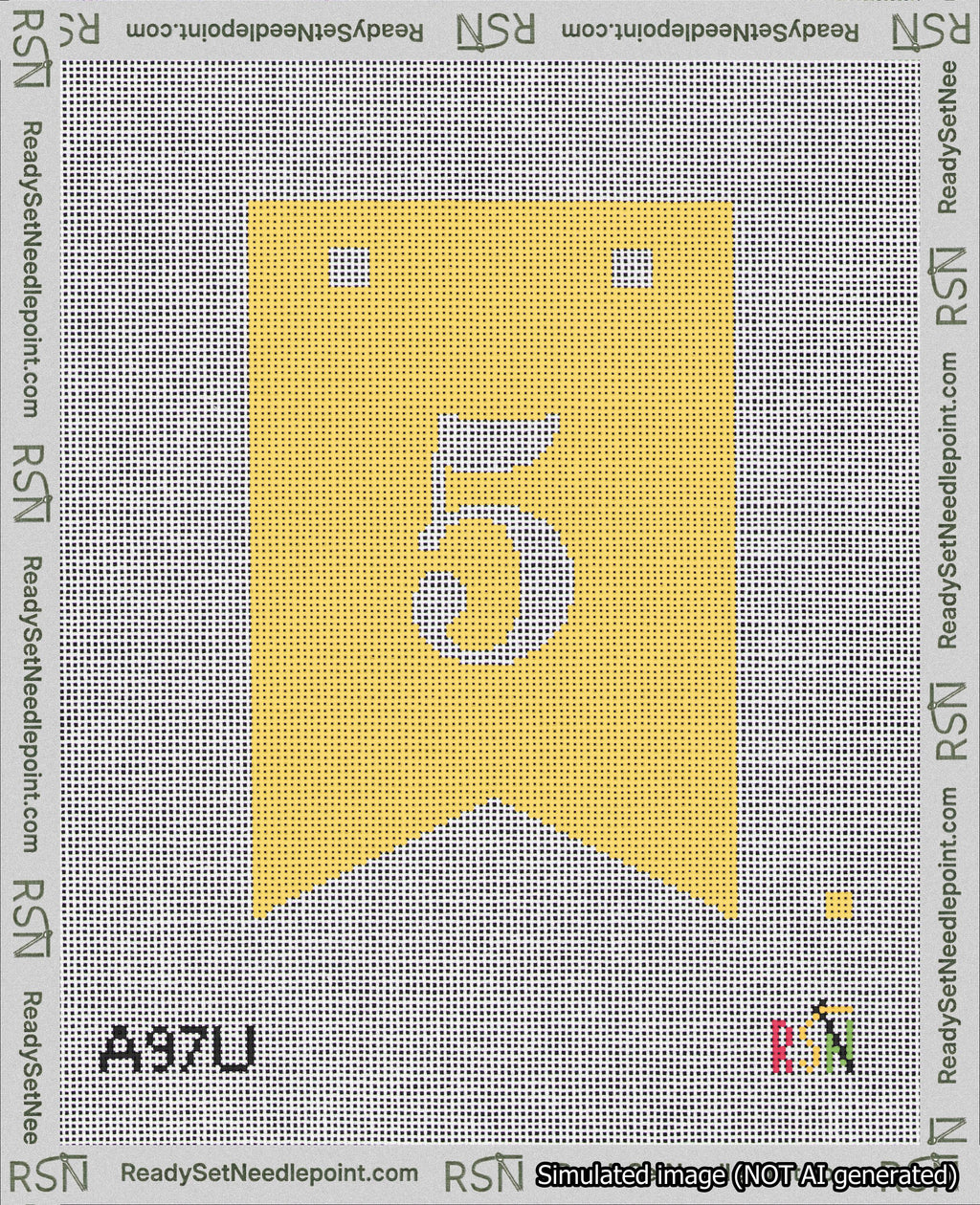 A taped needlepoint canvas with the design: Banner 18 mesh count Forked 5 White on Yellow.