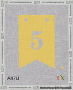 A taped needlepoint canvas with the design: Banner 18 mesh count Forked 5 White on Yellow.