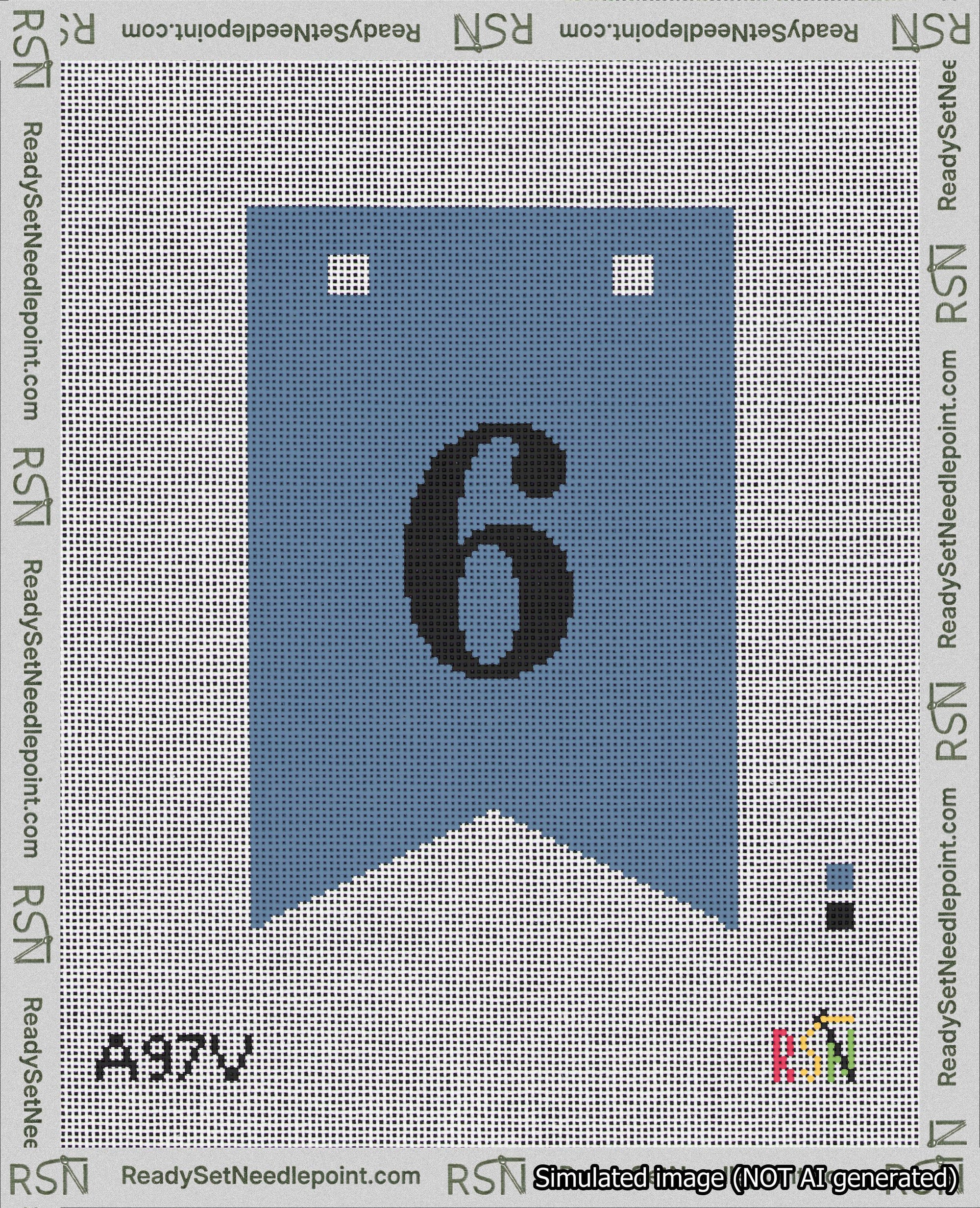 A taped needlepoint canvas with the design: Banner 18 mesh count Forked 6 Black on Blue.