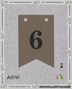 A taped needlepoint canvas with the design: Banner 18 mesh count Forked 6 Black on Brown.