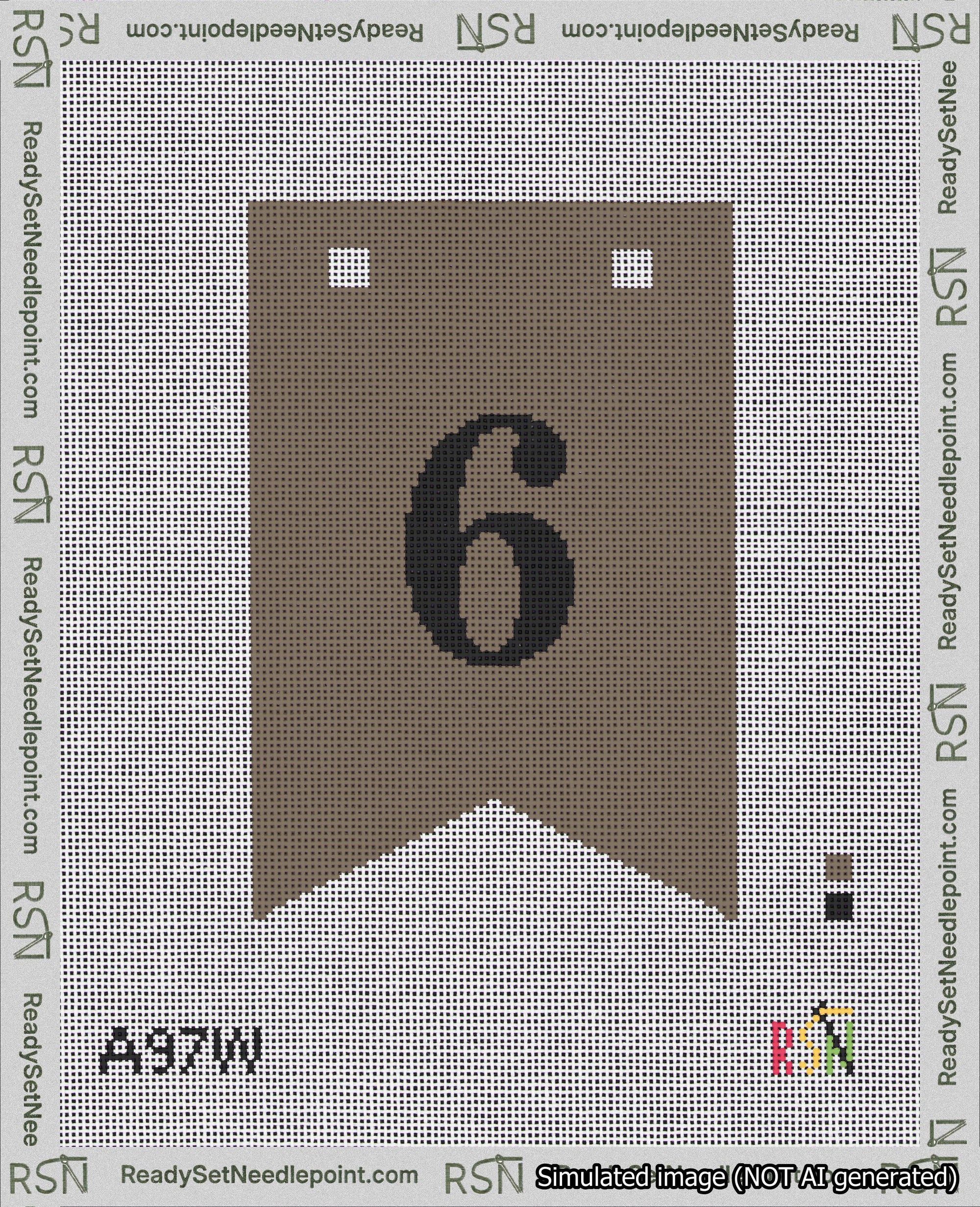 A taped needlepoint canvas with the design: Banner 18 mesh count Forked 6 Black on Brown.