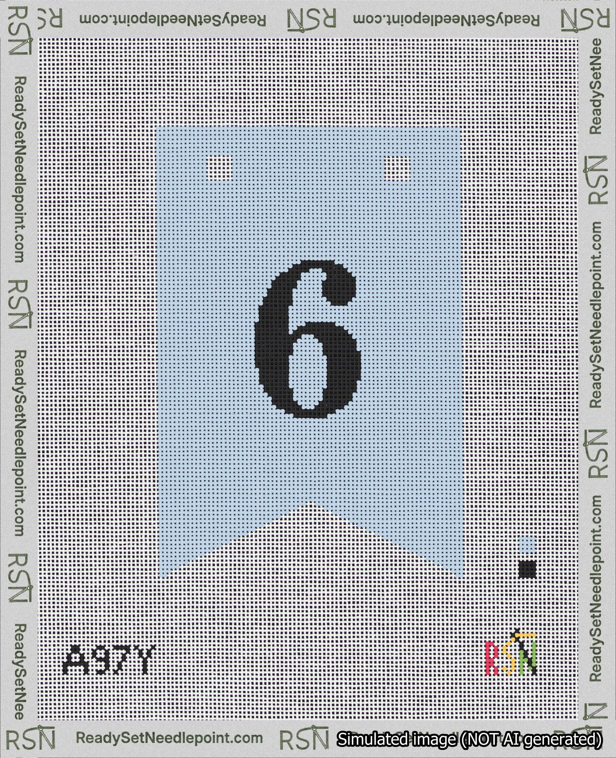 A taped needlepoint canvas with the design: Banner 18 mesh count Forked 6 Black on Light Blue.