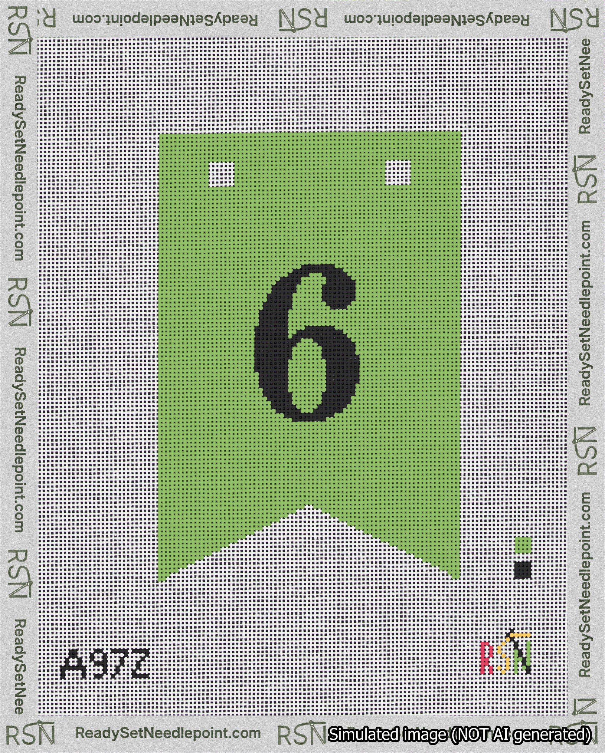 A taped needlepoint canvas with the design: Banner 18 mesh count Forked 6 Black on Light Green.