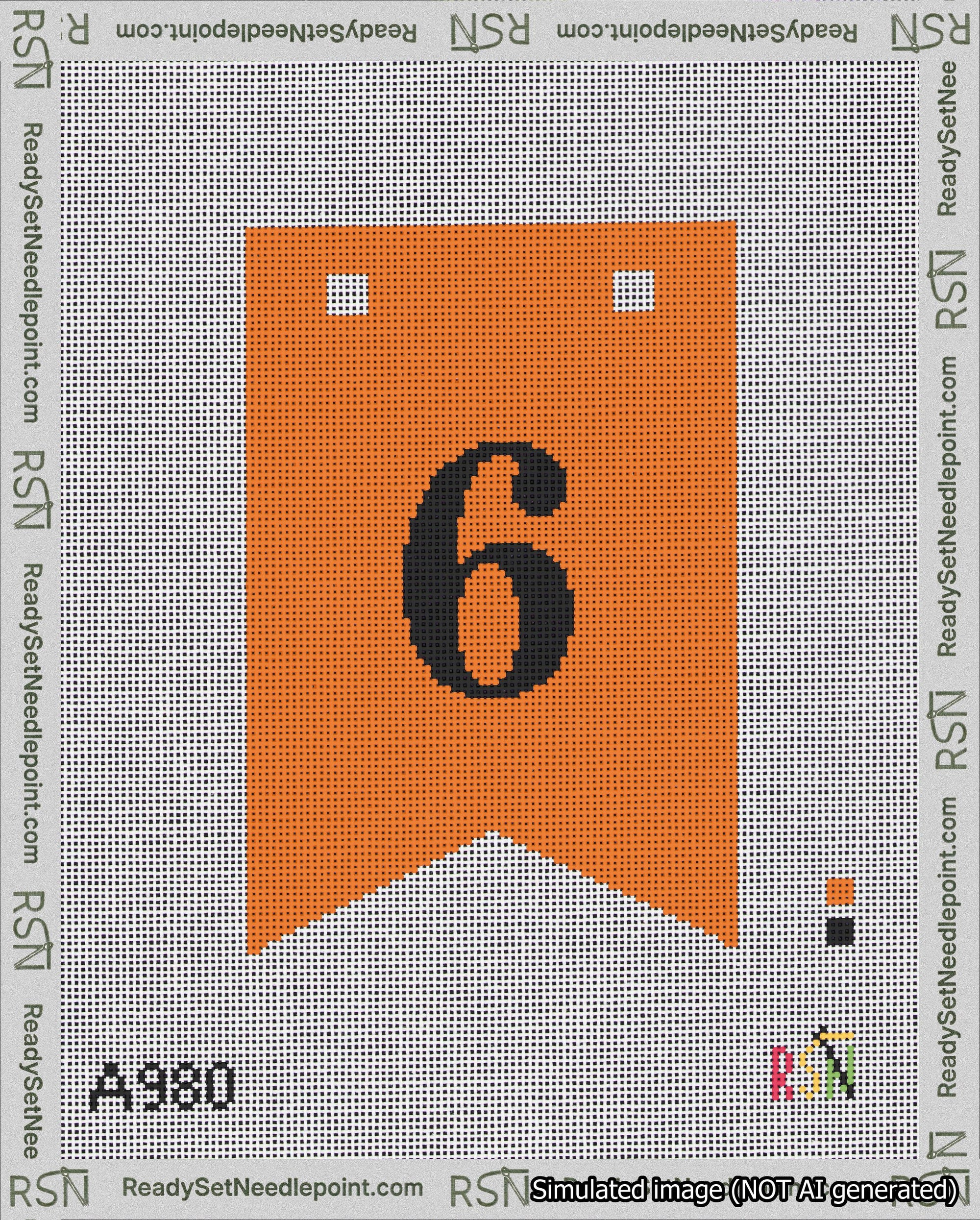 A taped needlepoint canvas with the design: Banner 18 mesh count Forked 6 Black on Orange.
