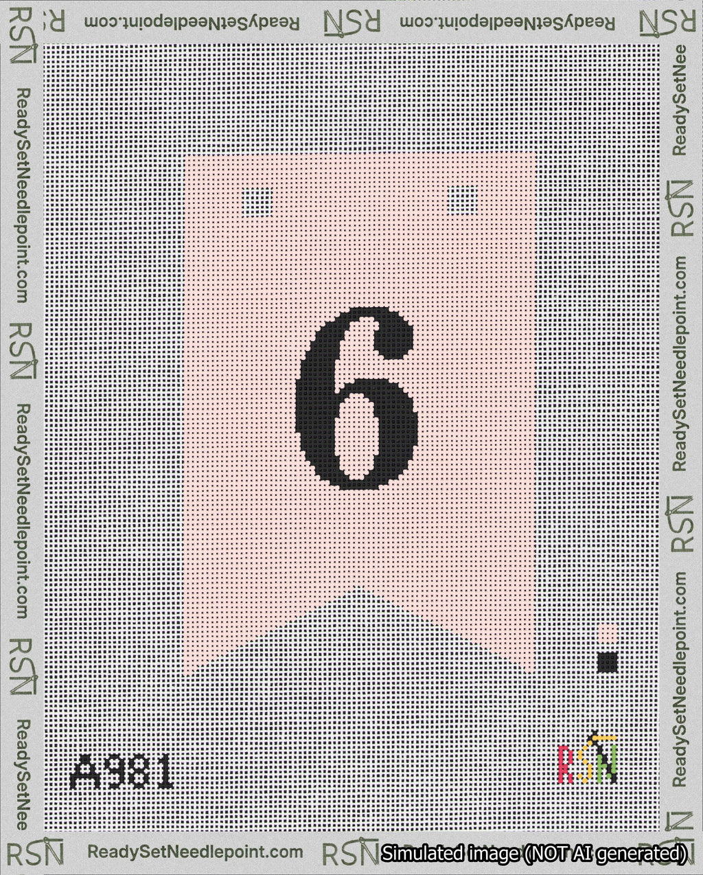 A taped needlepoint canvas with the design: Banner 18 mesh count Forked 6 Black on Pink.