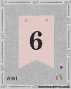 A taped needlepoint canvas with the design: Banner 18 mesh count Forked 6 Black on Pink.