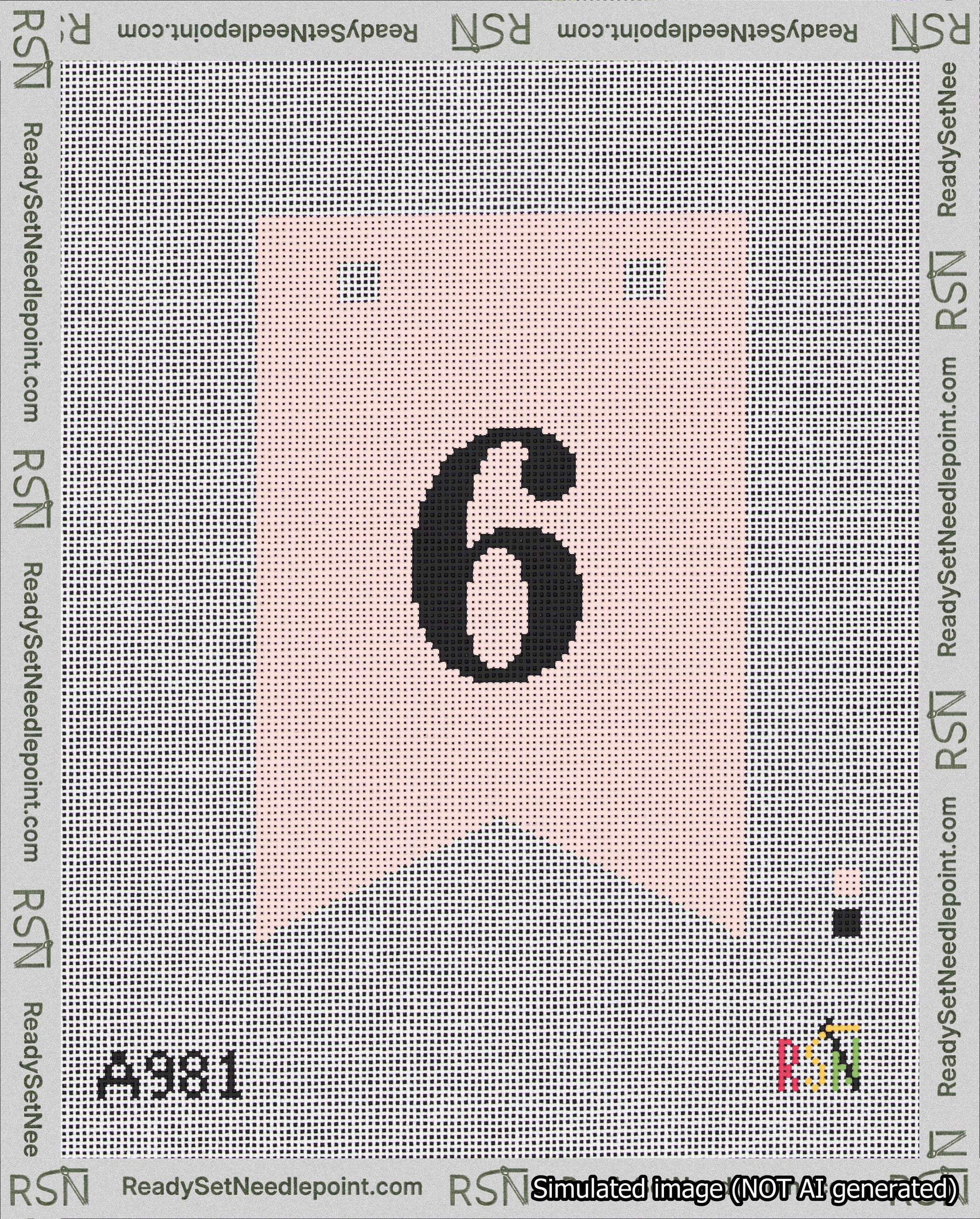 A taped needlepoint canvas with the design: Banner 18 mesh count Forked 6 Black on Pink.