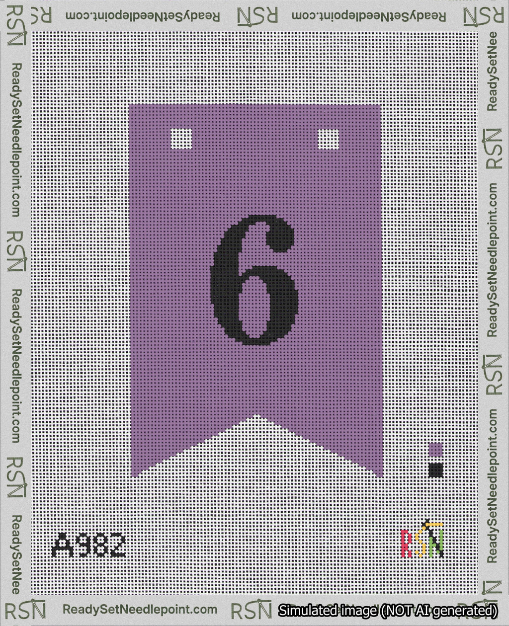 A taped needlepoint canvas with the design: Banner 18 mesh count Forked 6 Black on Purple.