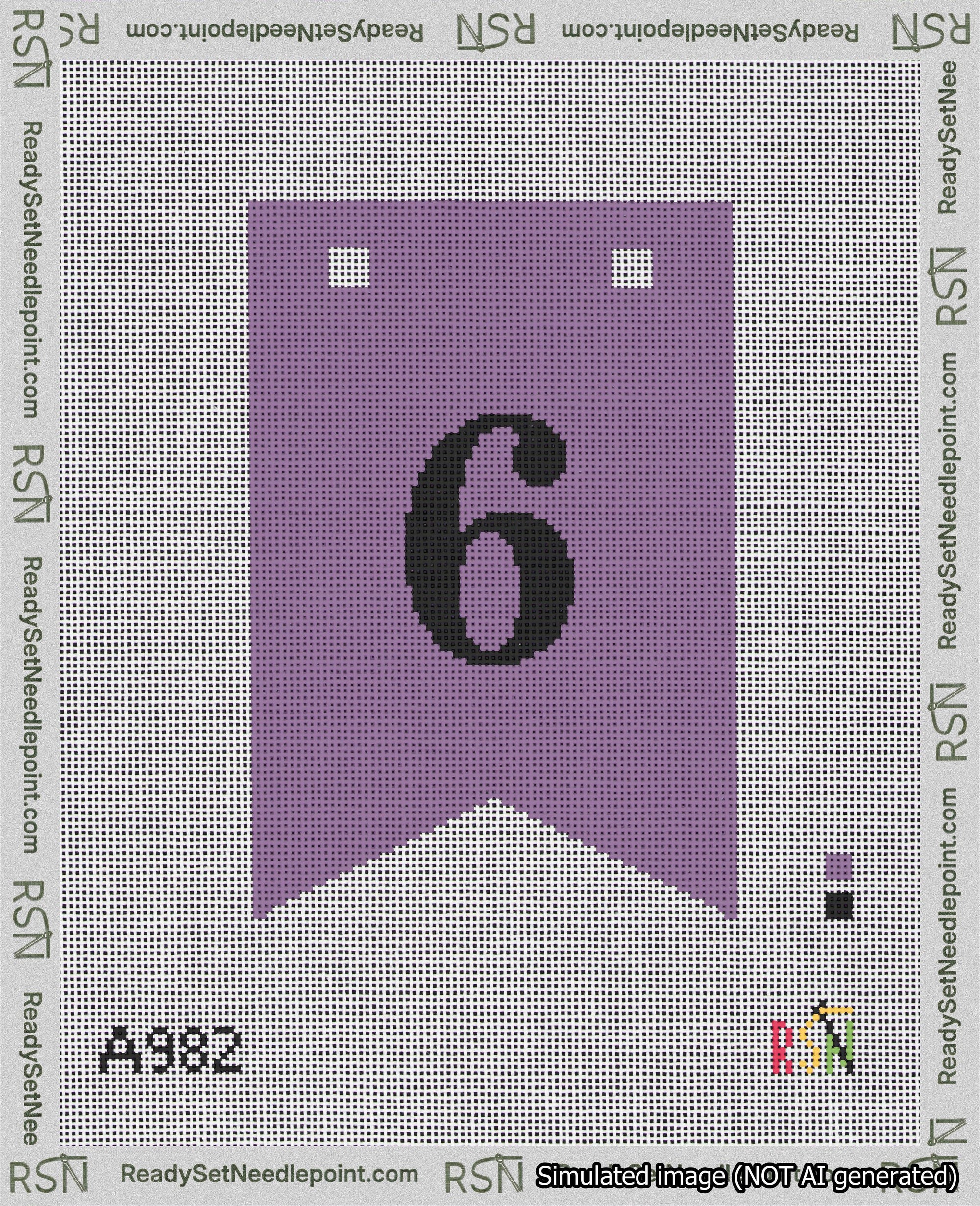 A taped needlepoint canvas with the design: Banner 18 mesh count Forked 6 Black on Purple.