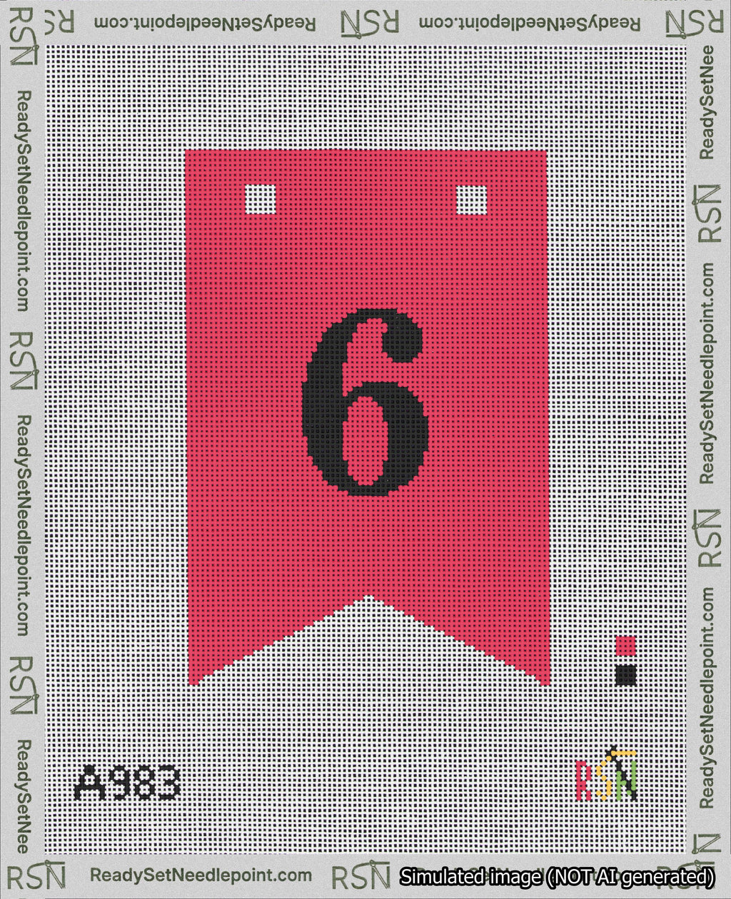 A taped needlepoint canvas with the design: Banner 18 mesh count Forked 6 Black on Red.