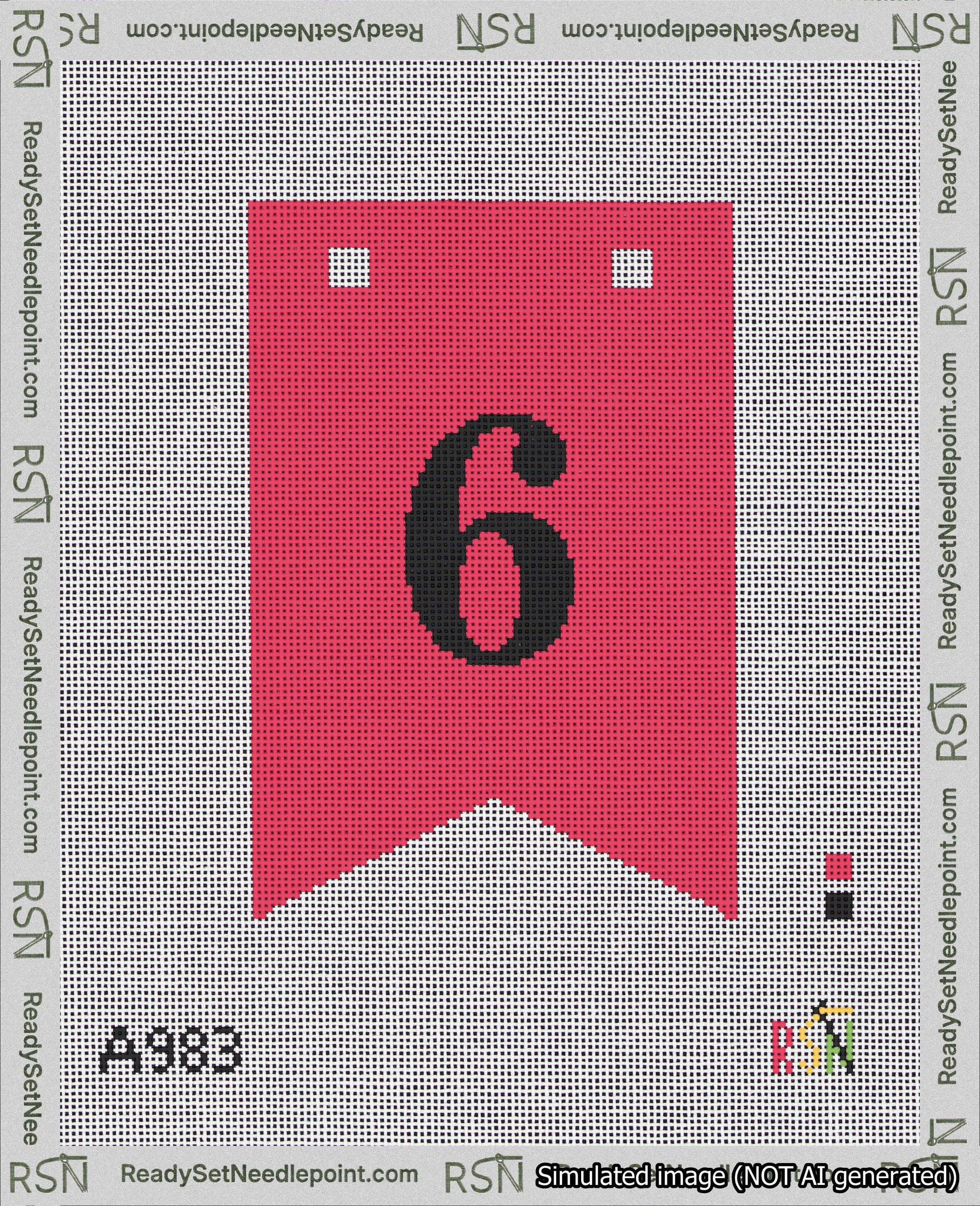 A taped needlepoint canvas with the design: Banner 18 mesh count Forked 6 Black on Red.