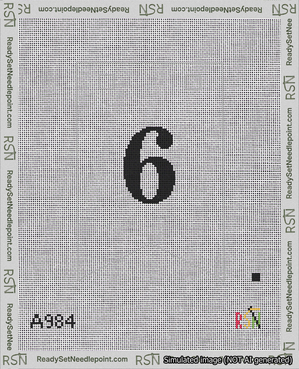 A taped needlepoint canvas with the design: Banner 18 mesh count Forked 6 Black on White.