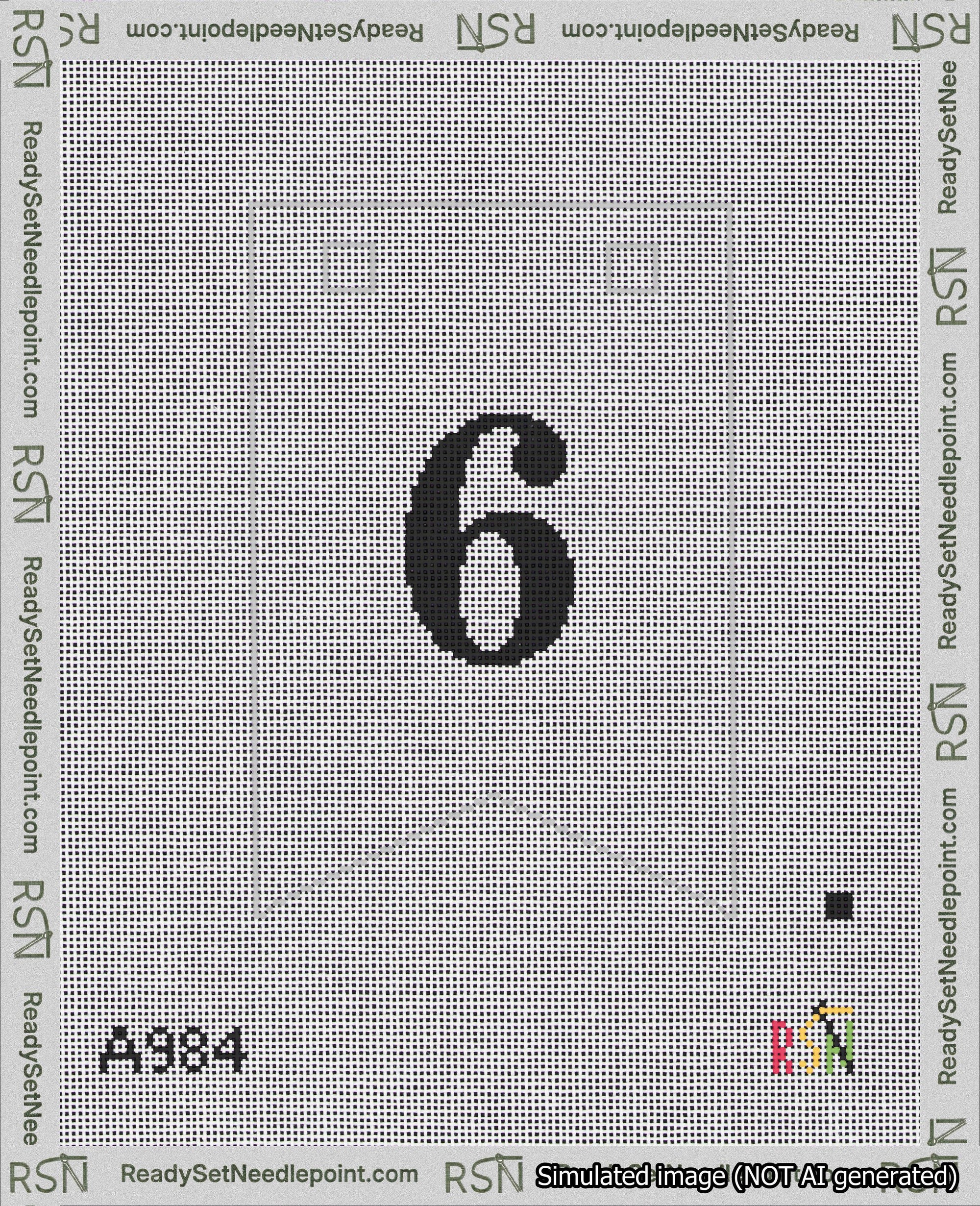 A taped needlepoint canvas with the design: Banner 18 mesh count Forked 6 Black on White.