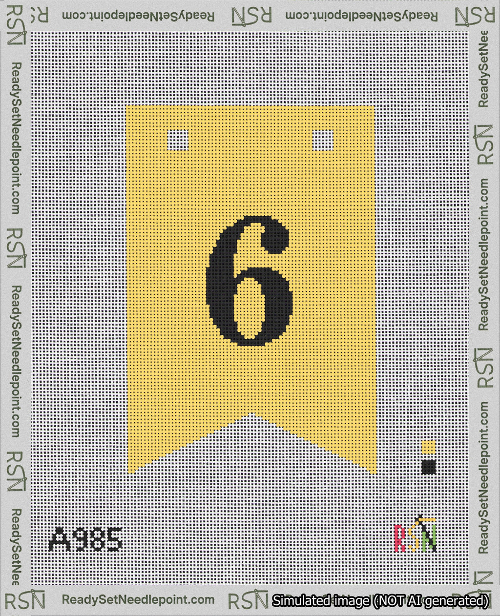 A taped needlepoint canvas with the design: Banner 18 mesh count Forked 6 Black on Yellow.