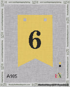 A taped needlepoint canvas with the design: Banner 18 mesh count Forked 6 Black on Yellow.