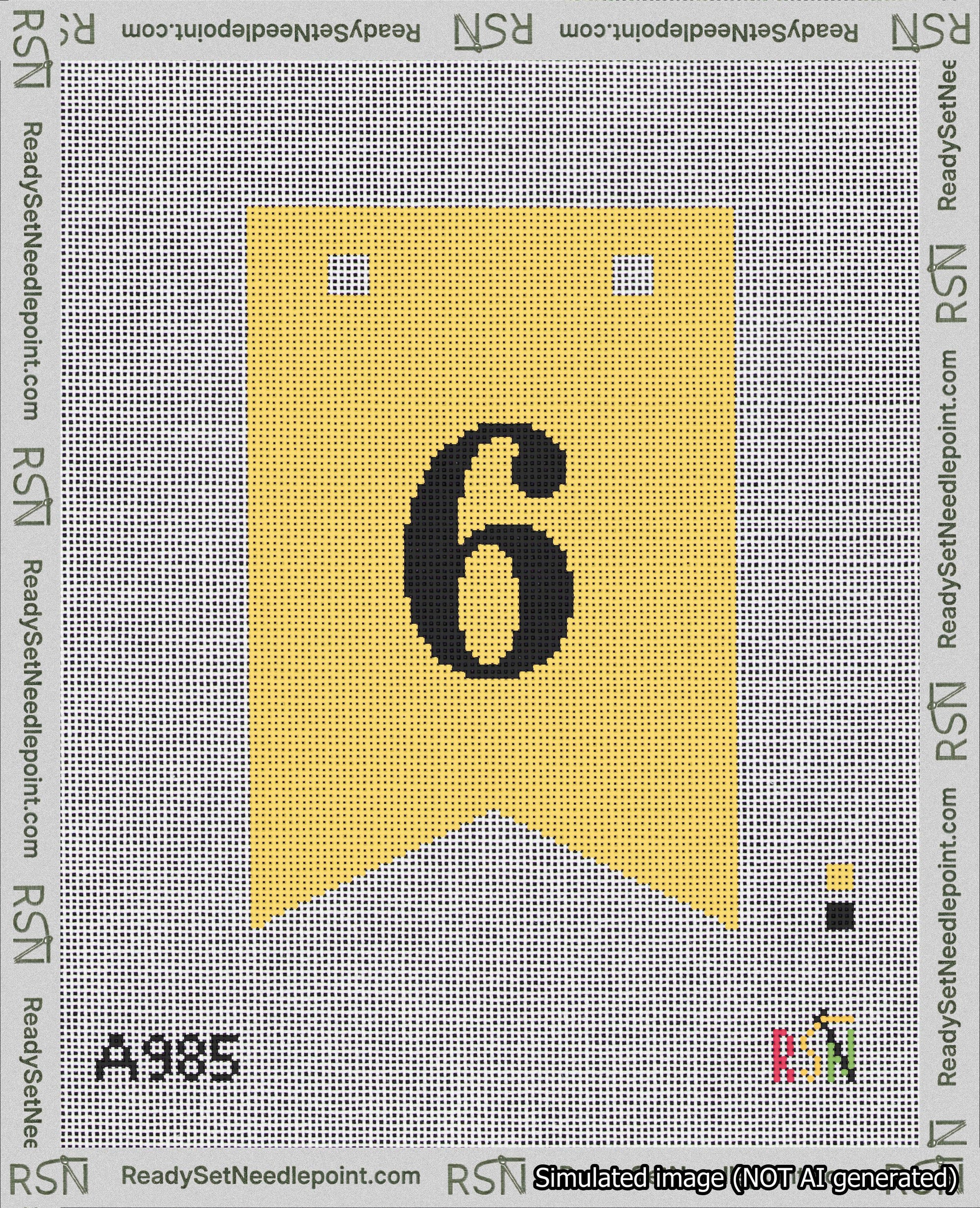 A taped needlepoint canvas with the design: Banner 18 mesh count Forked 6 Black on Yellow.
