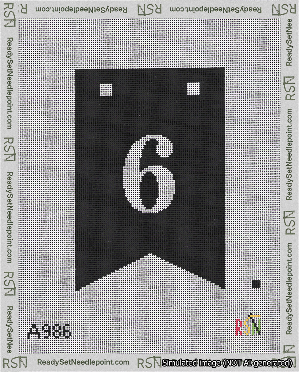A taped needlepoint canvas with the design: Banner 18 mesh count Forked 6 White on Black.