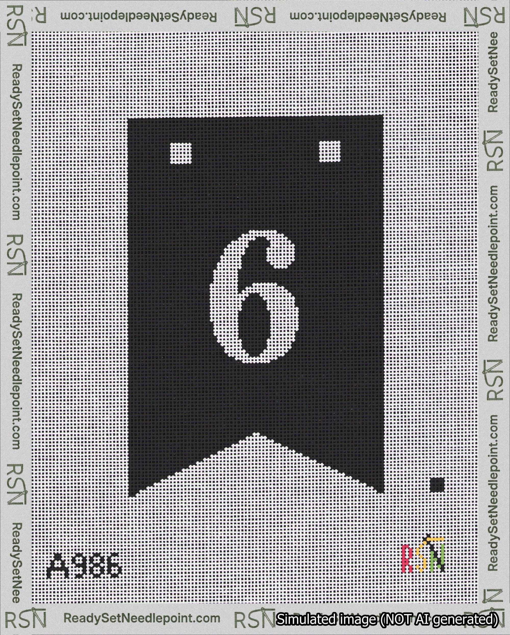 A taped needlepoint canvas with the design: Banner 18 mesh count Forked 6 White on Black.