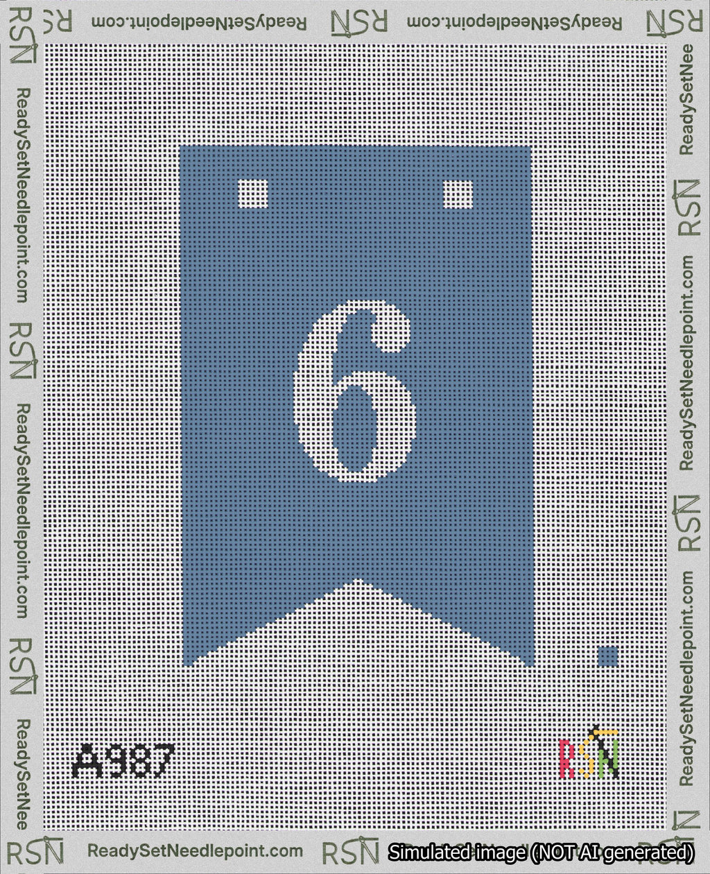 A taped needlepoint canvas with the design: Banner 18 mesh count Forked 6 White on Blue.