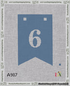 A taped needlepoint canvas with the design: Banner 18 mesh count Forked 6 White on Blue.