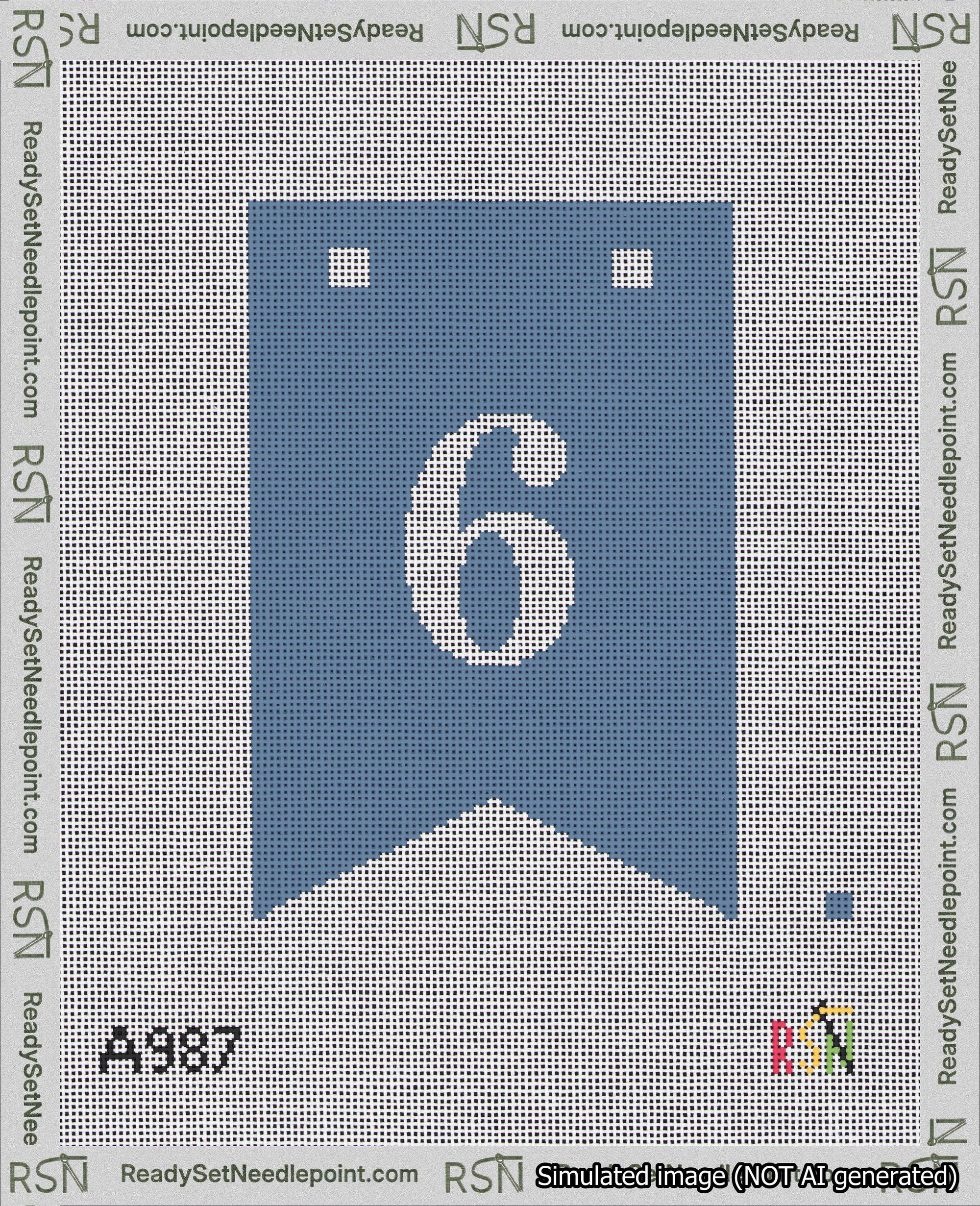 A taped needlepoint canvas with the design: Banner 18 mesh count Forked 6 White on Blue.